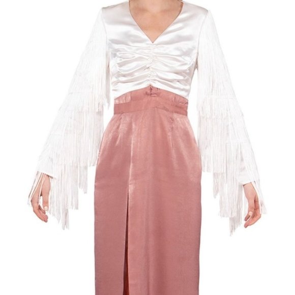 CIAO SEA White Satin Tassel Long sleeve Crop Top - Picture 3 of 7